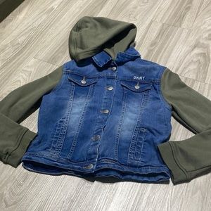 Jean jacket + green soft material hoodie and sleeves